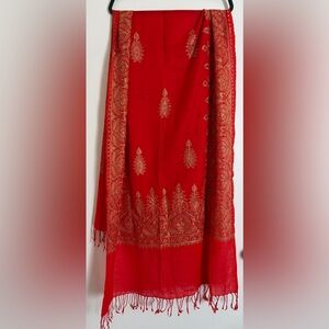 Red Embroidered Shawl with Gold Paisley Motif